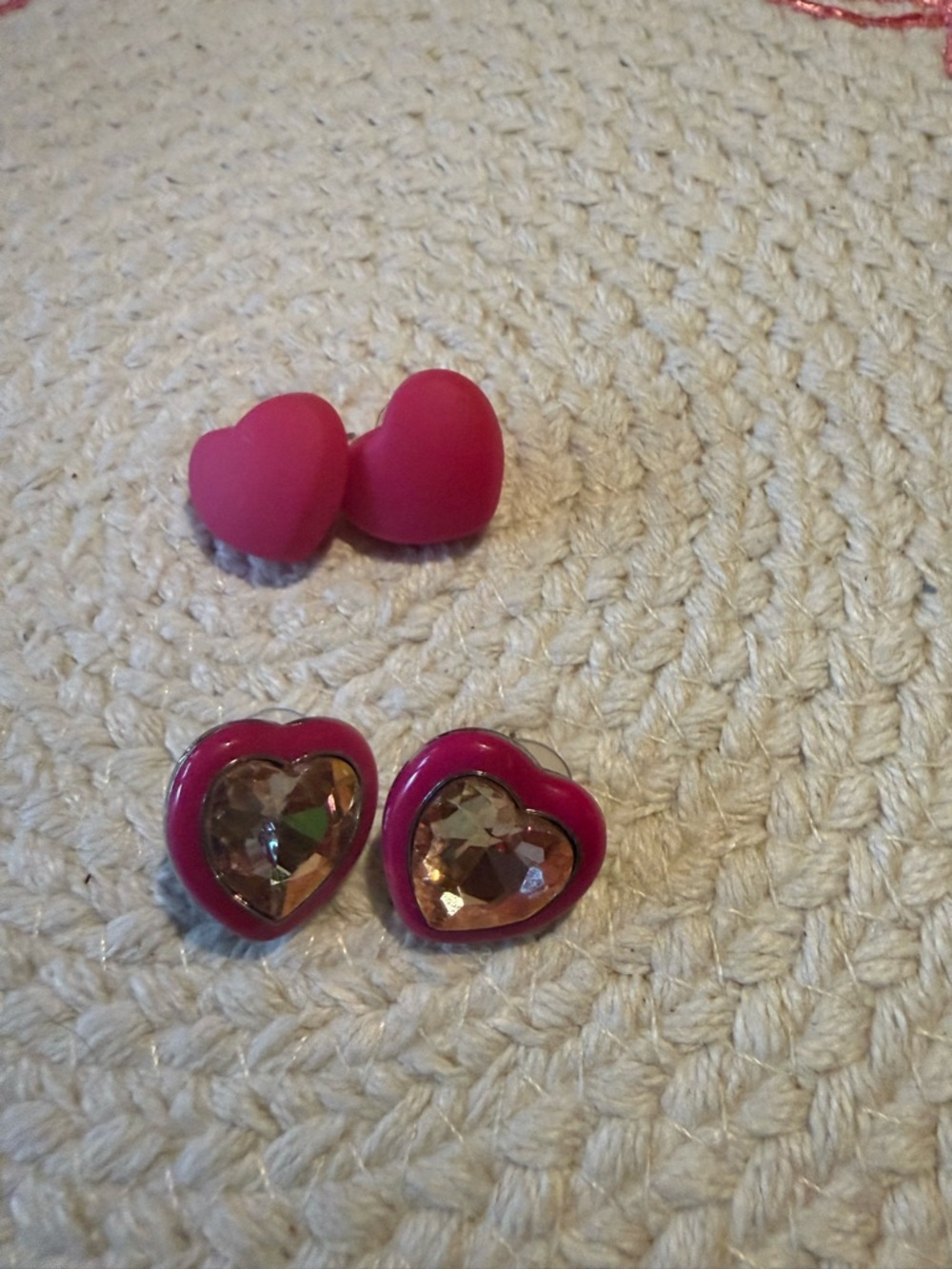Pink Heart Stud Earrings with Faceted Crystal Centers